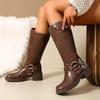 Fashion Fashion Women's Motorcycle Boots Autumn Winter Brown Pu Leather Knee High Boots Women Buckle Strap Chunky Heel Riding Boots 2025