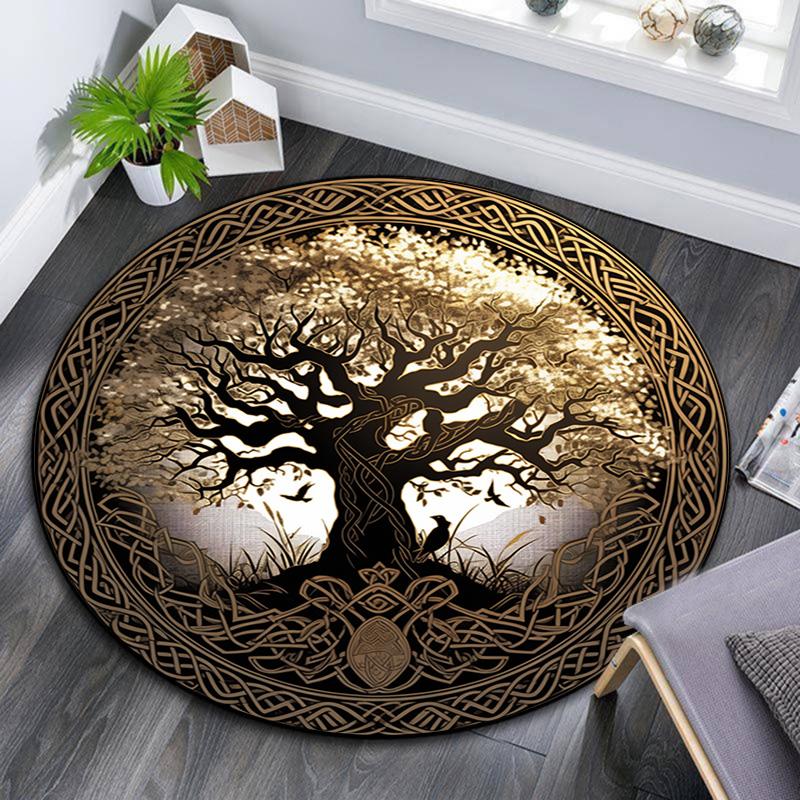 Golden Tree Round Area Rug,Carpet Rug for Living Room Bedroom Sofa Playroom Decor,Non-slip Floor Mat