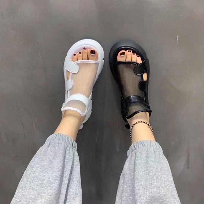 Schwammkuchen-Sandalen Damen Sommer Mode Dicksohlige Atmungsaktive Europäische Mesh-Netz Klettverschluss Römische Sandalen