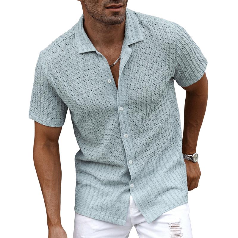 2026 Summer Men s New Lapel Button-up Shirt Cool Breathable Hole Design Casual T-shirt S