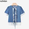 VONDA Women Casual Short Sleeve Lace Patchwork Bow Knot Cropped Blouse