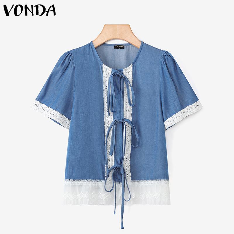 VONDA Women Casual Short Sleeve Lace Patchwork Bow Knot Cropped Blouse