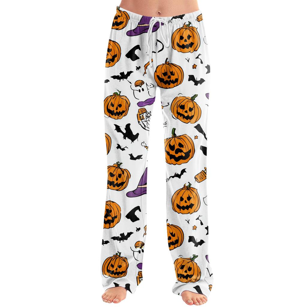 Women's Drawstring Lounge Pants Halloween Print Casual Pants Elastic Waistband Relaxed Fit Full Length Soft Fabric