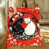 Yin yang black and white cats cherry blossom red background blanket Japanese style art soft flannel throw for bedroom decor
