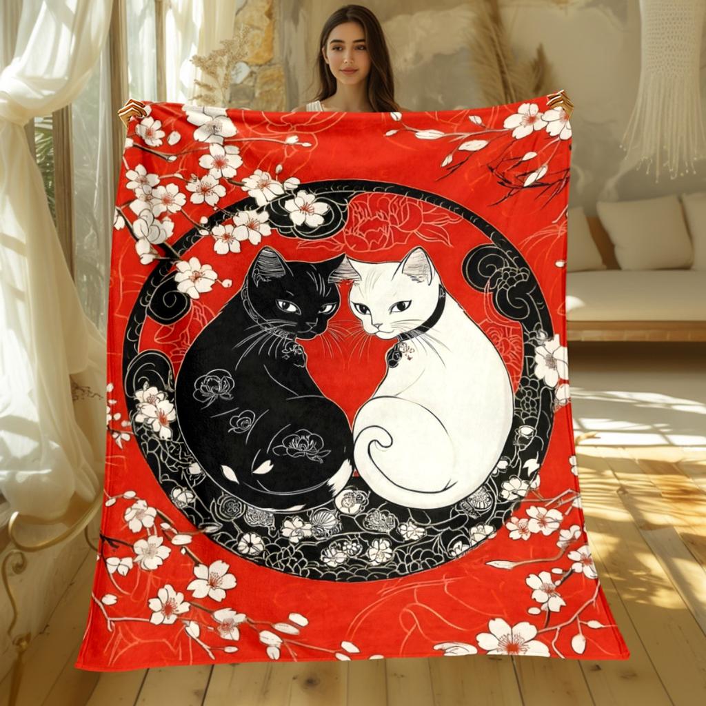 Yin yang black and white cats cherry blossom red background blanket Japanese style art soft flannel throw for bedroom decor