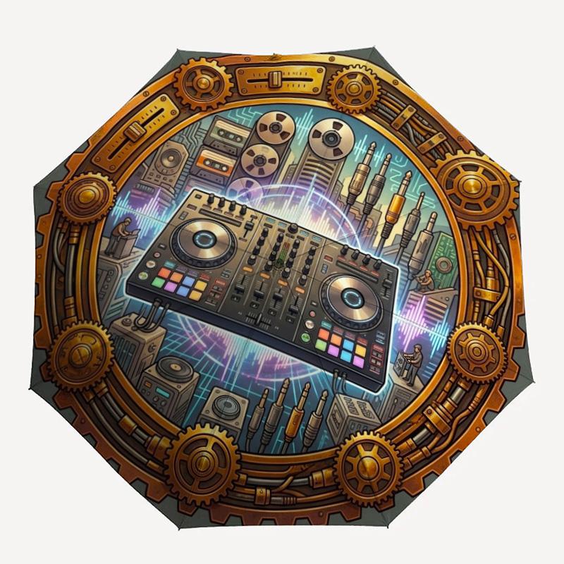 Steampunk DJ Gear Pattern Umbrella, Portable and Foldable Design, 8 Ribs, a Casual Accessory for Halloween, Christmas, and Birthday Gifts.