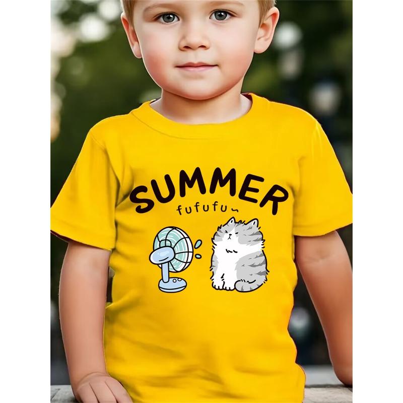 European Sizes Summer Fashion Boys' Short Sleeve T-Shirt Cartoon Cat with Blowing Fan Print Casual Top