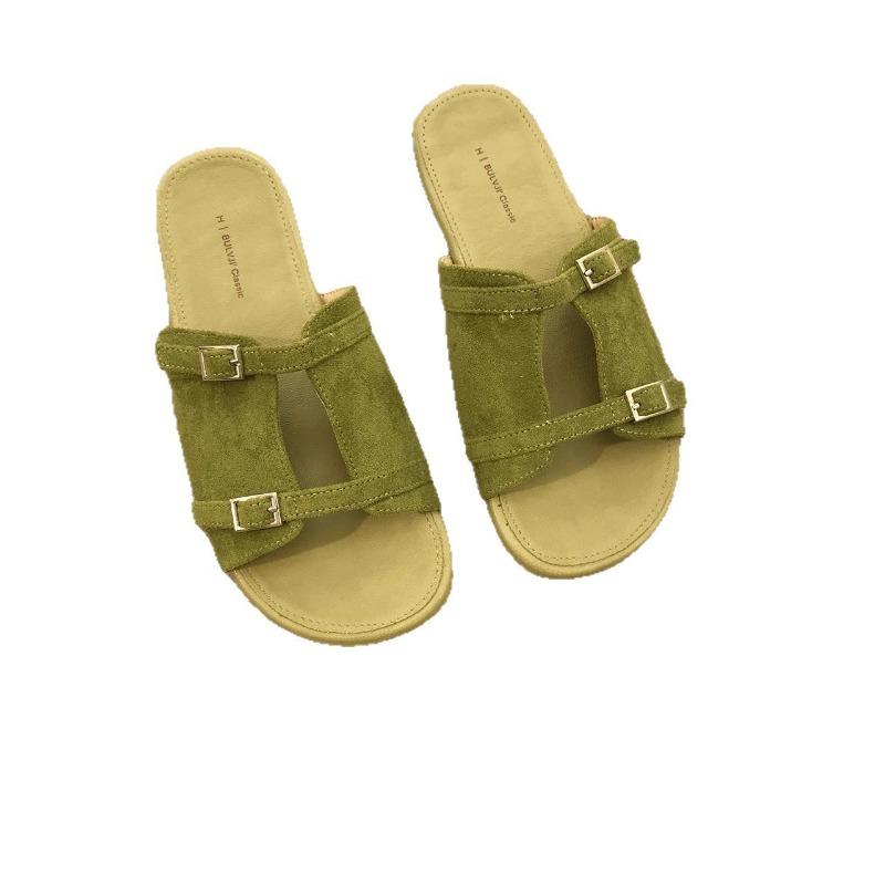 Leather Yellow One-word Drag Women's Summer Wear New Thick-bottomed Seaside Beach Sandals