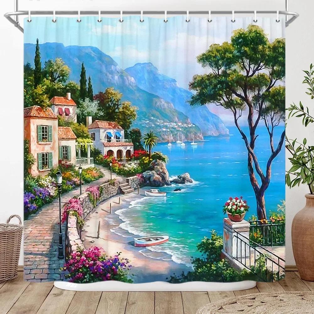 

3D Roman Column Palace Sea View Shower Curtain Green Palm Tree Lake Landscape Bathroom Decor Bath Curtain Polyester Fabric Hooks 240x180cm-94x70in