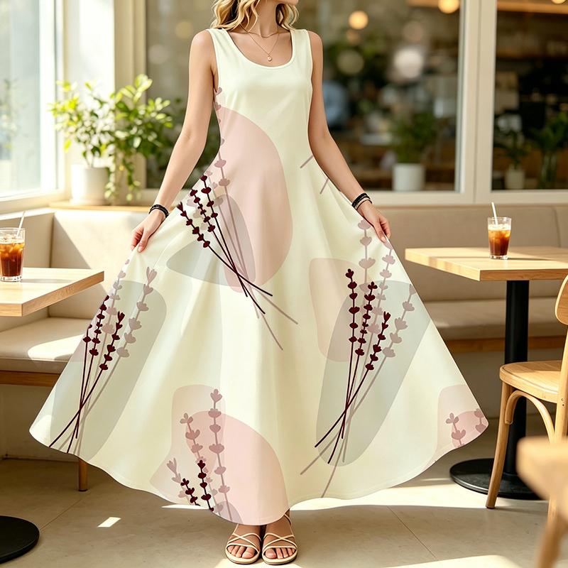 Women's Beach Maxi Dress Loose Sleeveless,Lightweight Breathable Simple Floral,Stylish Elegant Outfit for Daily Casual & Beach Vacation