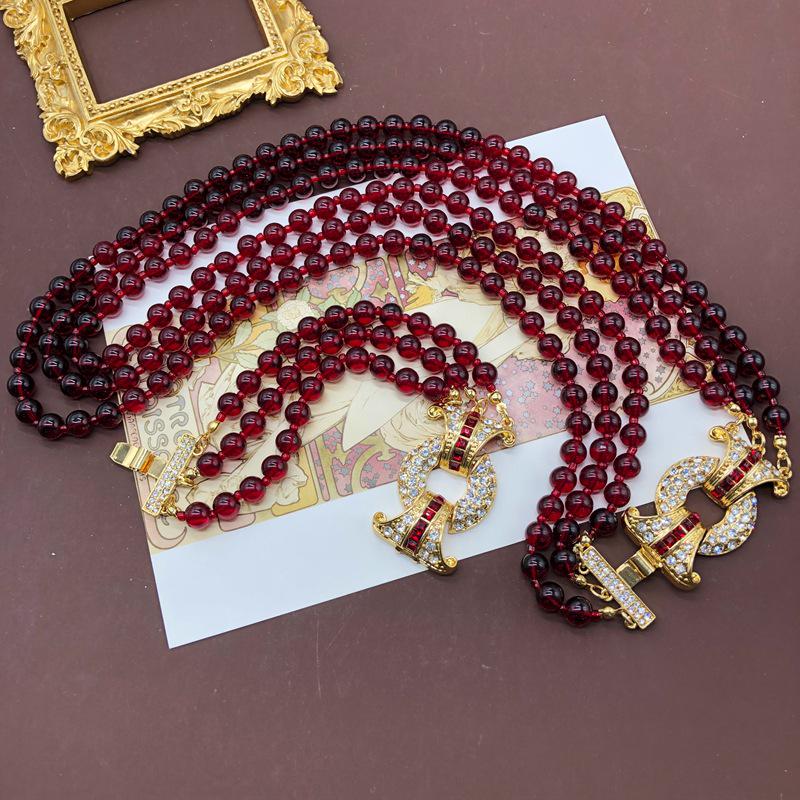 Retro Pomegranate Red Glass Bead Layered Sweater Chain & Rhinestone Necklace Bracelet Set