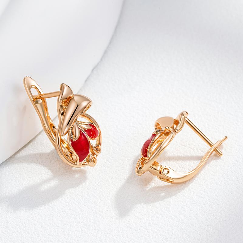 Fashion Rose Gold Color Red Enamel Drop Earrings For Women Natural Zircon Flower Wedding Party Vintage Jewelry Girl