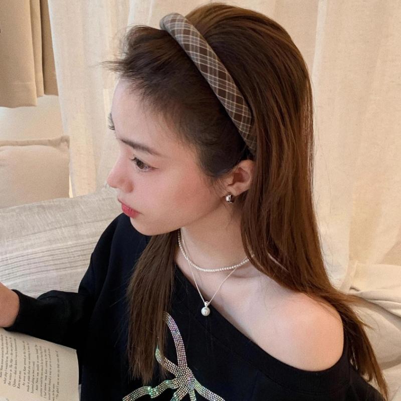 Vintage Brown Padded Headbands For Women Plaid Floral Print Hairbands Knitted Velvet Hair Hoops Plain Head Bands Accessories 1pc