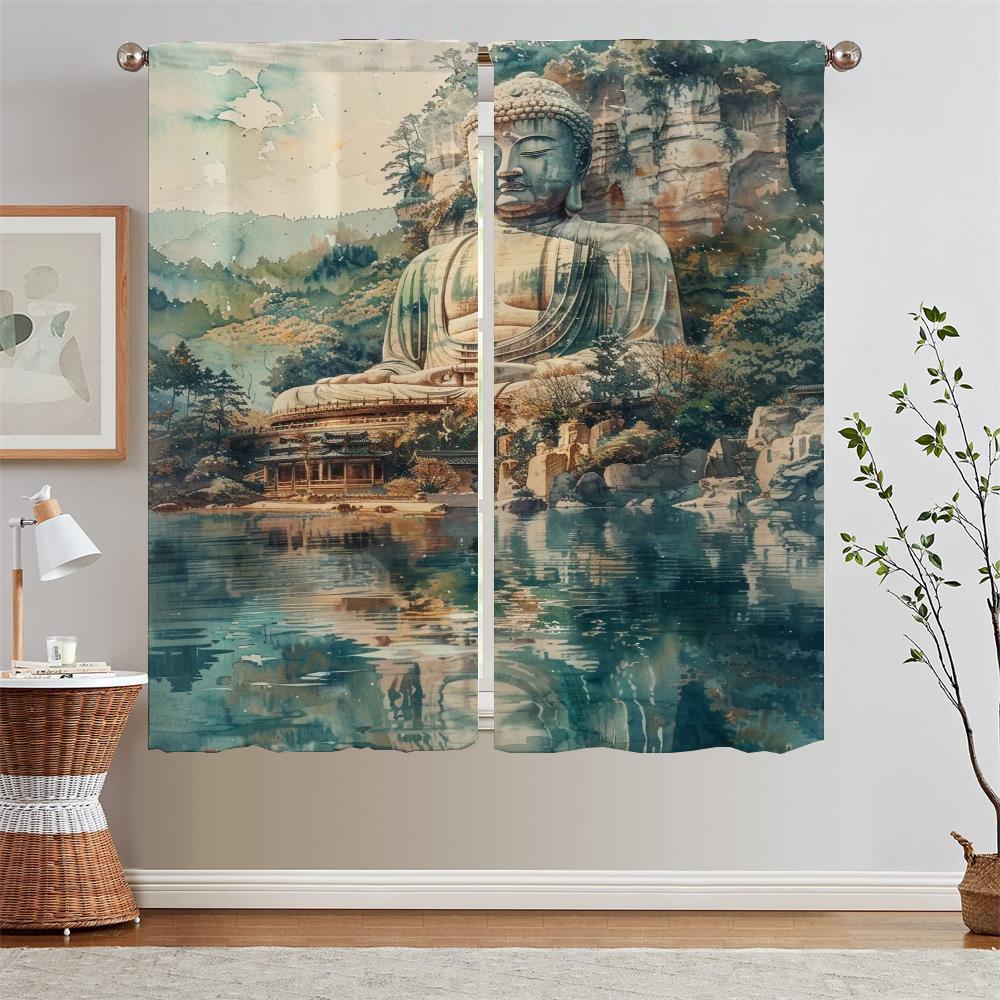 

Большой Будда в Глубоких Горах Шторы для Украшения Гостиной Шторы Оконные Прозрачные Шторы Затемняющие Жалюзи W50xH70cmx2pcs-CL