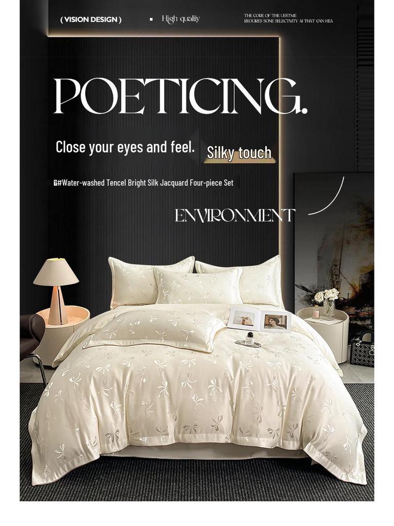 Set de lenjerie de pat de lux de vară Jacquard Tencel spălat și mătase Lyocell - Husă de plapumă mătăsoasă nude (3 bucăți)