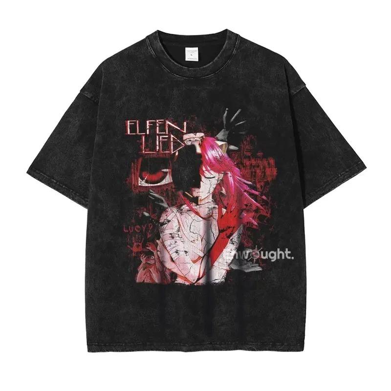 Elfen Lied Lucy Nyu Vintage Prané Anime Tričko, Unisex Tmavé Anime Fanouškovské Streetwear Tričko, 100% Bavlna Ležérní Krátký Rukáv
