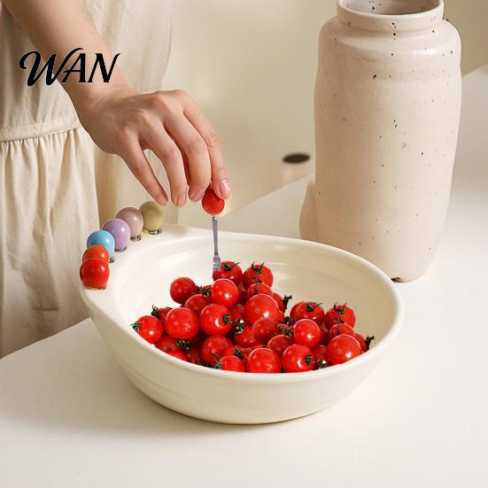 Kitchen Fruit Serving Set Bowl with 6 Colorful Forks Large Capacity Spiral Hygienic Bottom Fork Storage Hole for Snacks And Parties Dopamine Color