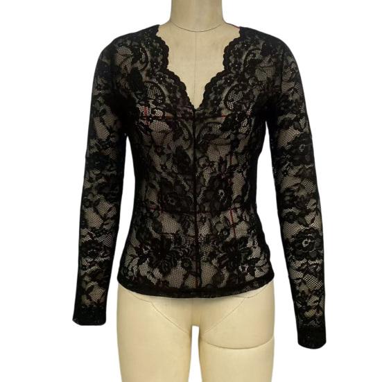 Women Tops V-Neck Long Sleeve Hollow Embroidery Lace Design Pullover Tops Pure Color Slim Fit Mesh Detail Blouse Daily Wear