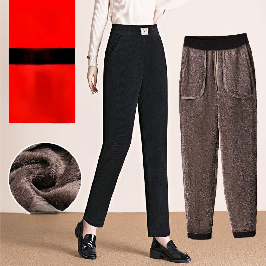 Podzim Zima Dámské Kalhoty Nová Móda Jednobarevné Elastické Vysoký pas Běžné kalhoty Fleece Teplé rovné kalhoty