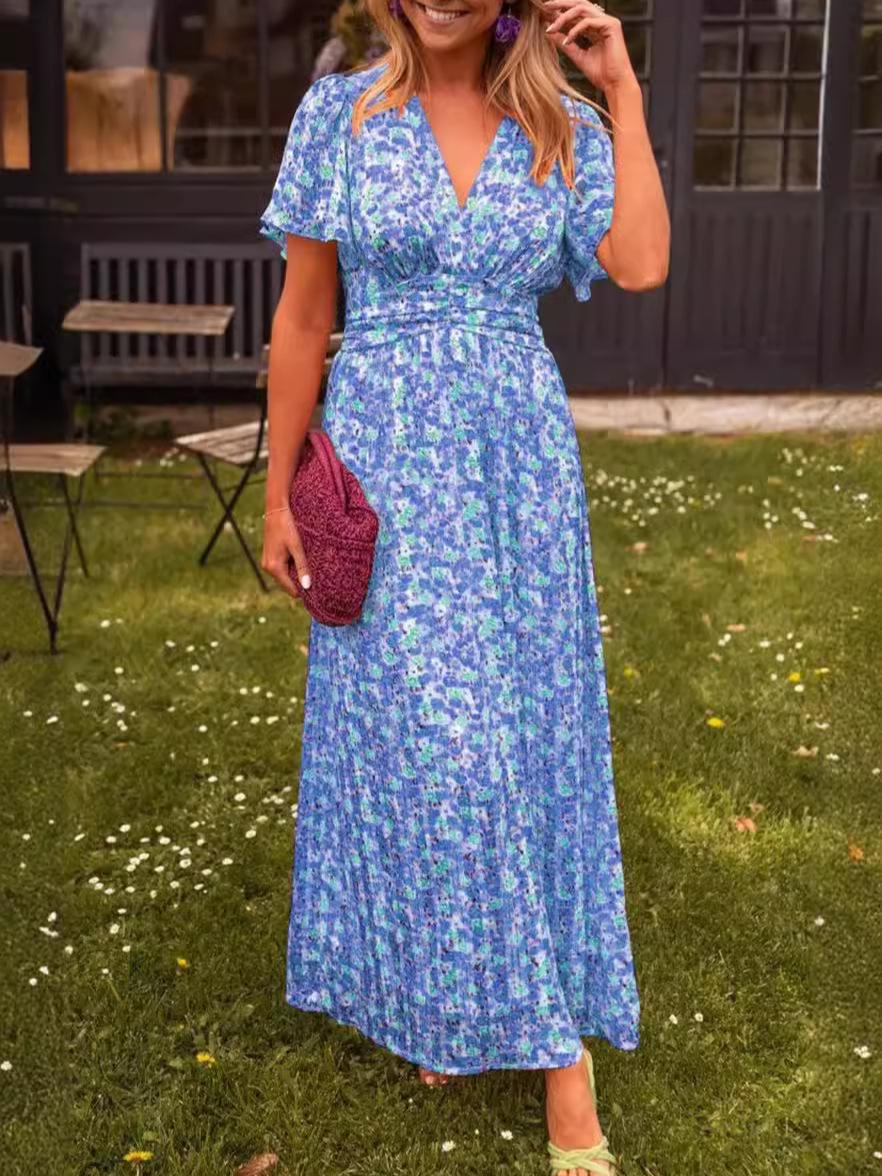 

SHEIN Women s Printed V-Neck Waist-Cinching Long Dress Medium синій
