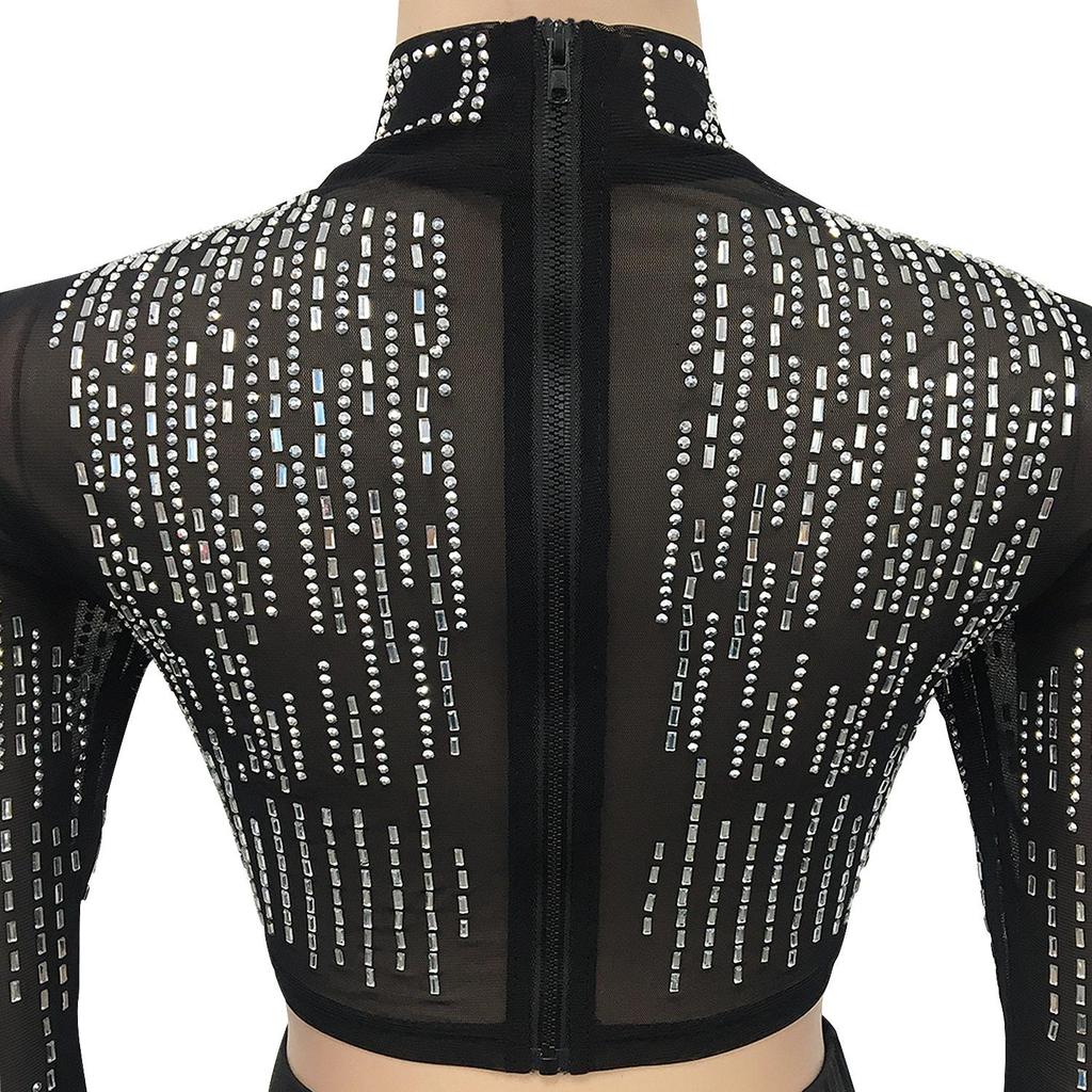 Sexy Rhinestone Mesh See-through Long Sleeve Slit Two-piece Nightclub Dress