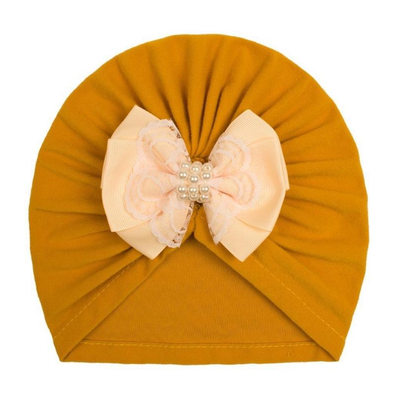 New baby velvet pearl bow hat, children's comfortable warm pullover hat, baby hat strap