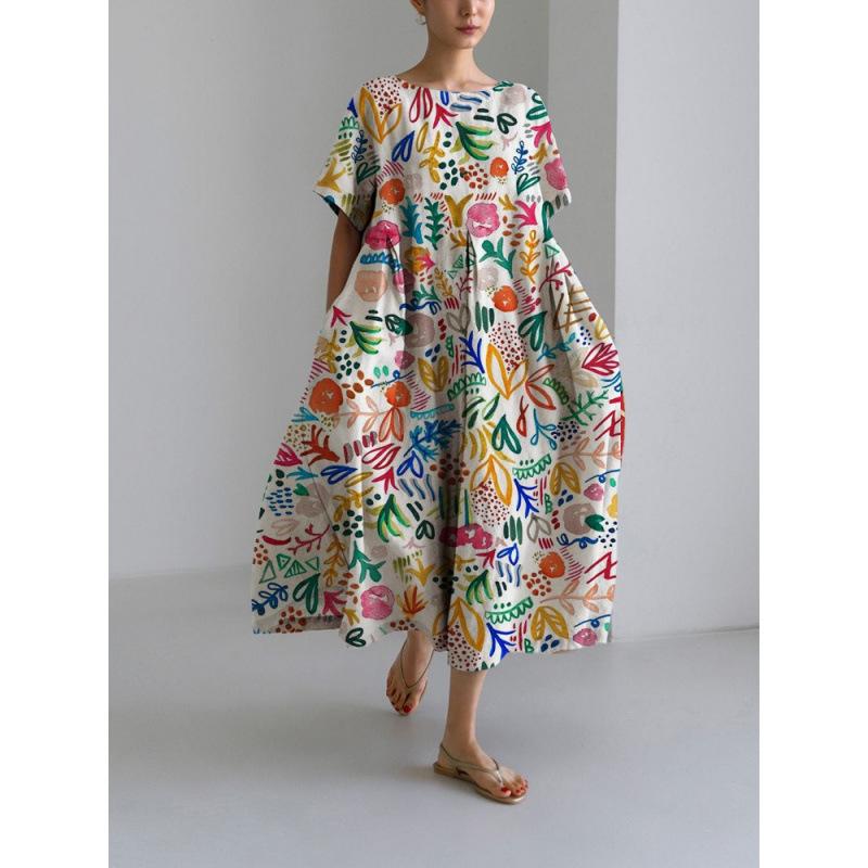Damen Sommer Übergröße Gestreiftes Print Maxikleid, Lässiges Lockeres Rundhals Kurzarm Oversized A-Linien-Kleid