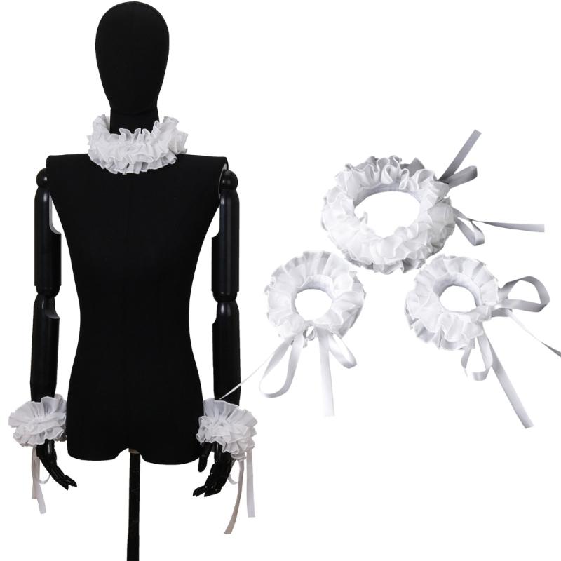 Elizabethan Ruffle False Collar Victorian Style Neck Ruff and Wrist Cuffs Set for Halloween Cosplay Costume Accessories