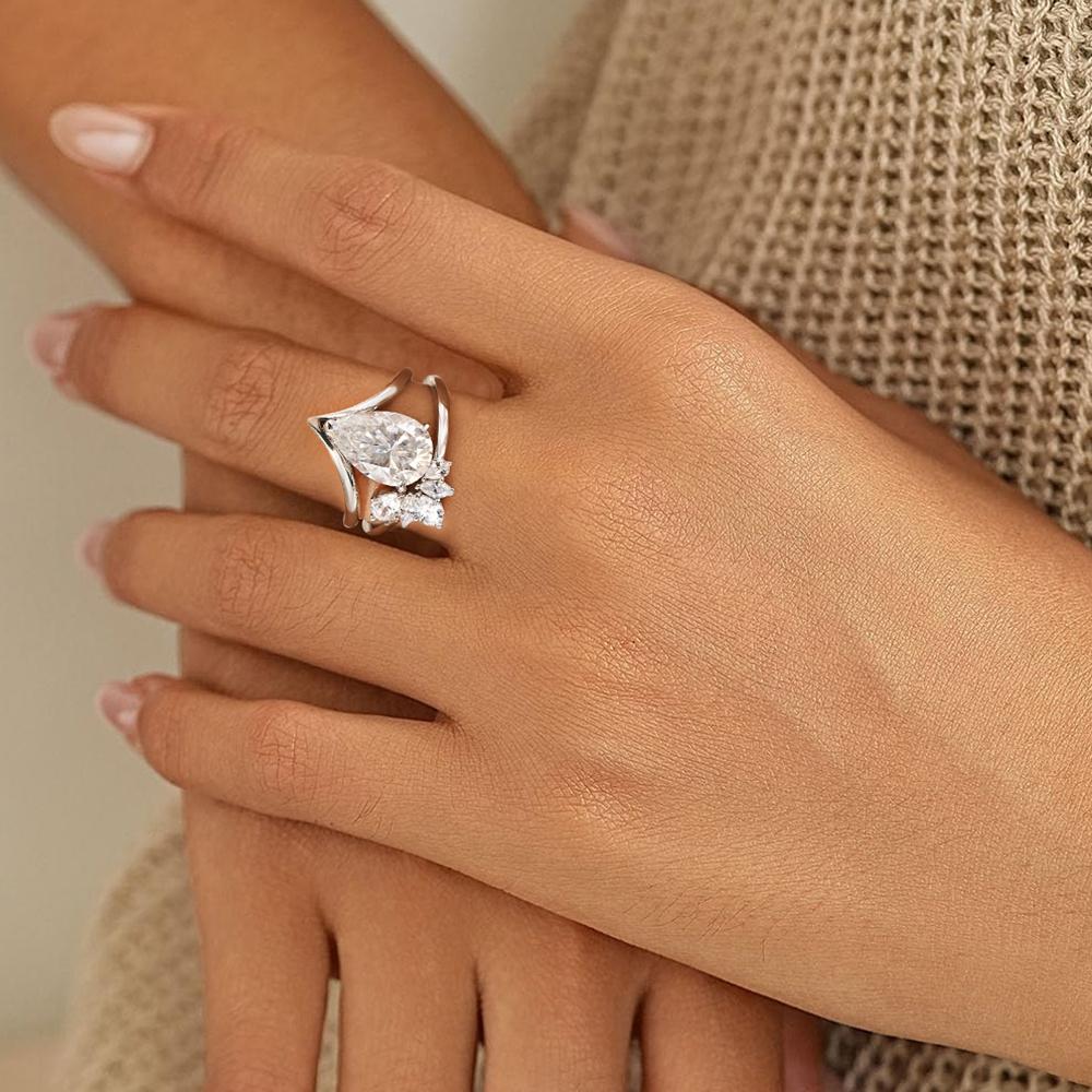 4Carat Pear Cut Full Moissanite Diamond Rings for Women   CopperStackable Engagement Ring Wedding Bands Jewelry Gift