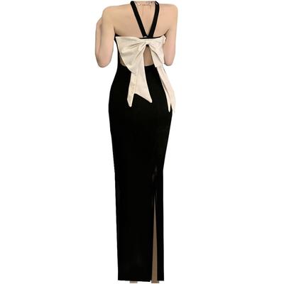 Long Hostess Concert Long for Women In Their 20s and Open Contrasting Cupped Stretchy Back Costume Dress, Dress, Slit, Backless, Black, Ribbon, Cute,