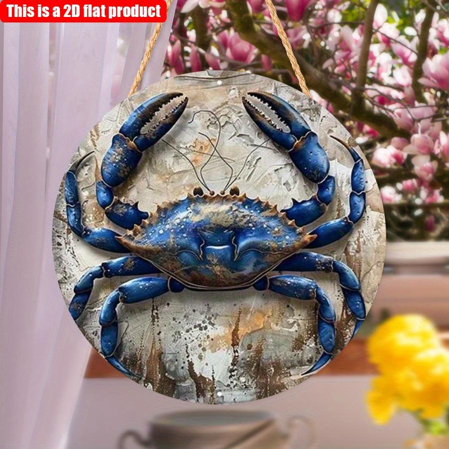 2D Flach 20*20cm1Stk Muster Blaue Krabbe hohe Qualität Runder Anhänger, Meeresleben Holzkunst Dekorative Platte, Restaurant&Badezimmer&Bauernhaus Wandplakette