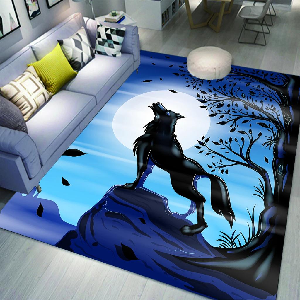 Wolf Carpet Bohemian Mandala Flower Area Rug for Living Room Bathroom Laundry Room Decor Wild Animal Doormat Non-Slip Floor Mat