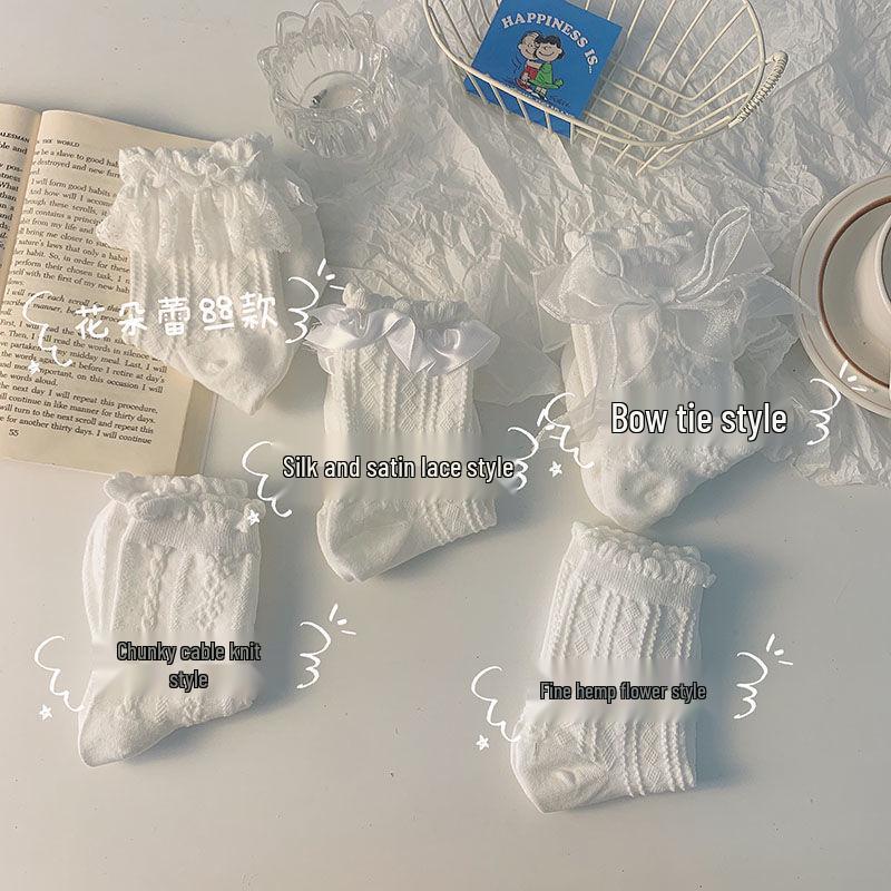 White Bow Lace Mid-Calf Summer Socks - Japanese School Style Sweet JK Princess Design
