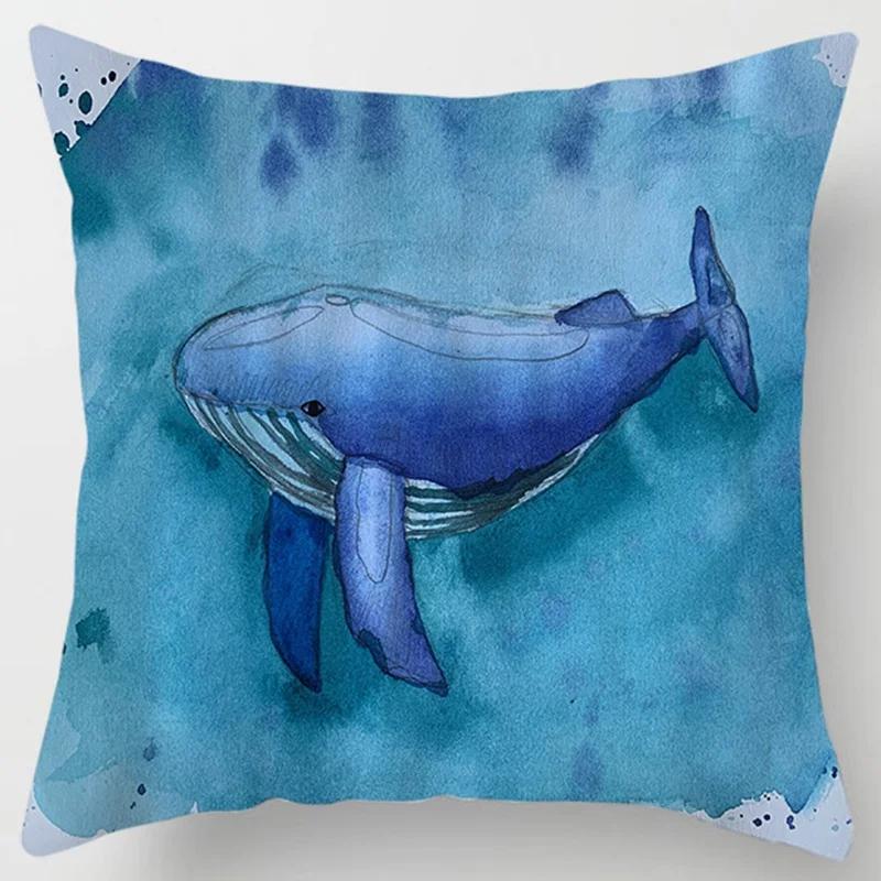 Ocean Whale Oil Painting Series Printed Pattern Cushion Cover Home Living Room Sofa Decoration Square Pillow  Cover45x45cm