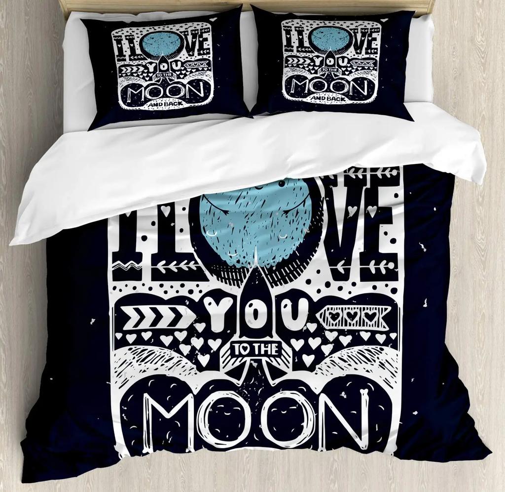 I Love You Duvet Cover Hand Drawn I Love You To The Moon And Back Words With Stars Celebration King Size Polyester Bedding Set