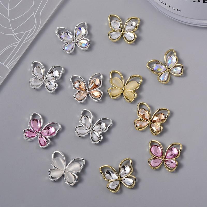 5Pcs New Design Hollow Butterfly Nail Charms Jewelry 14.5X13Mm Butterfly Nail Alloy Rhinestones For Nail 3D Supplies