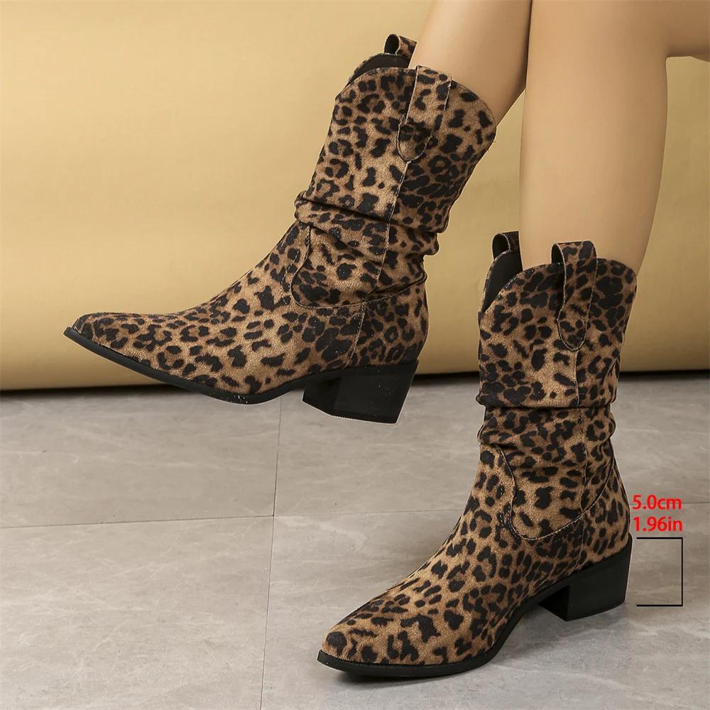 Big Size 43 Vintage Black Cowboy Boots Women Retro Leopard 5cm Heels Mid-calf Boots Shoes Winter Beige Cowgirls Western Boots