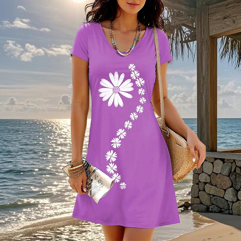 

Модное женское свободное платье-трапеция с цветочным принтом и коротким рукавом с круглым вырезом и принтом листьев 8XL фиолетовый