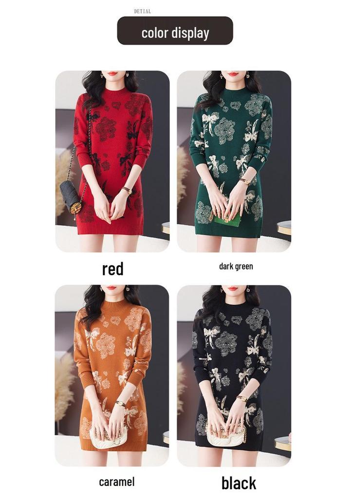 Hengyuanxiang Thickened Medium-Length Sweater Dress - Semi-High Neck, Hip-Covering Base Layer for Autumn/Winter.