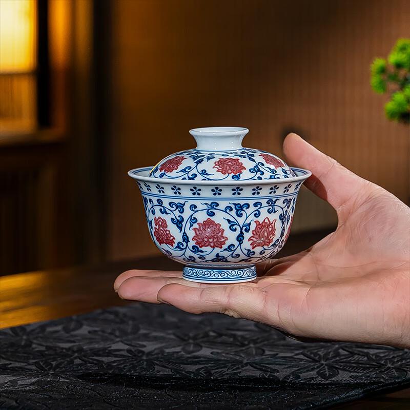 Jingdezhen Hand-Painted Antique Blue and White Underglaze Red Gaiwan