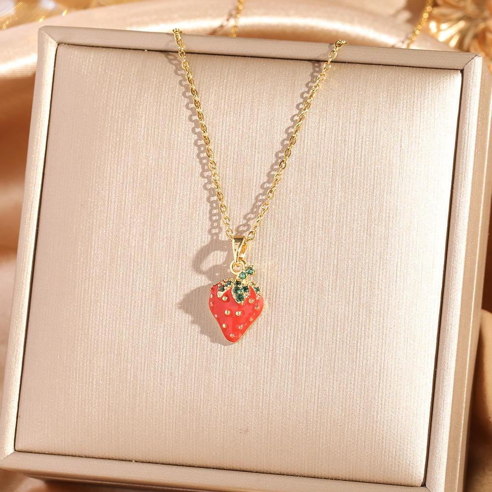 Fashion Zircon Cherry Pendant Titanium Steel Necklace Women's Collarbone Chain Jewelry
