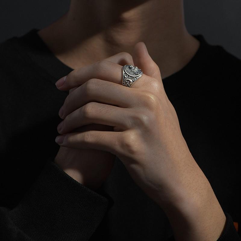 Adjustable Wolf Head Ring Men Women Sterling Open Band Retro Punk Statement Jewelry