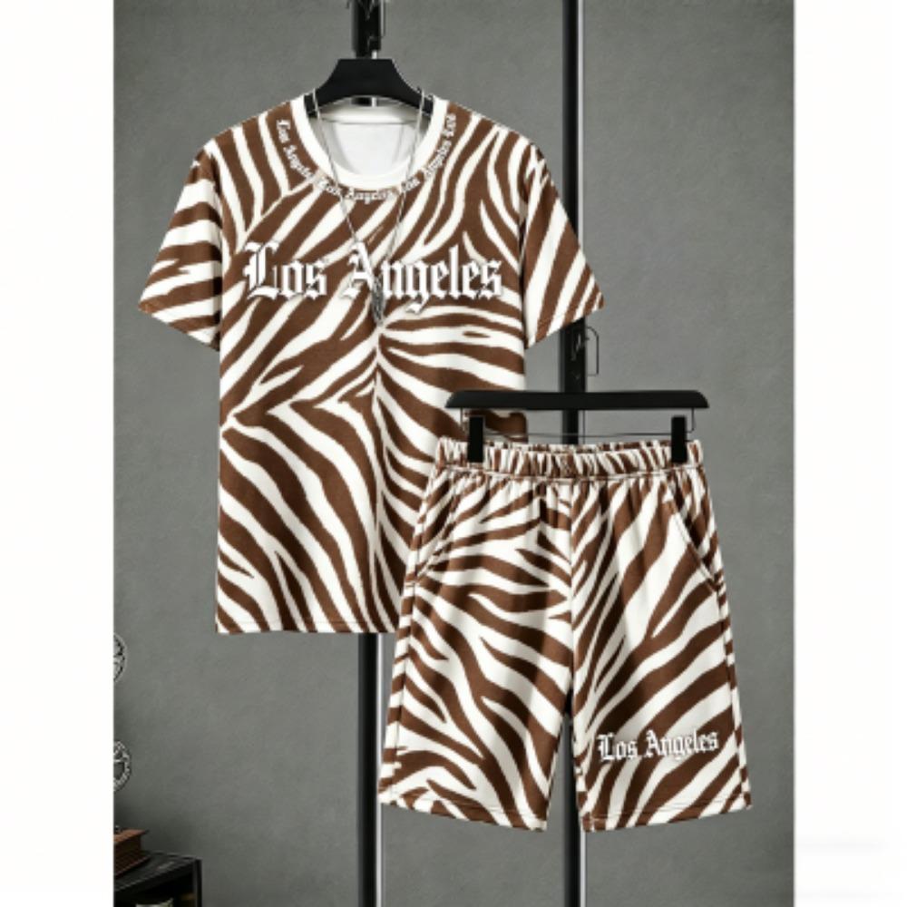 Fashion Men's Set Letter Zebra Stripe Colorful Printed Men's T-shirt and Shorts 2 Piece Set Summer Casual Outdoor Men's and Women's T-shirt Sets