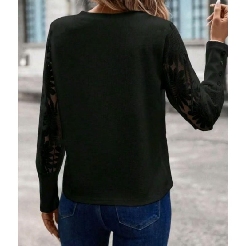 Women's Solid-Color Long-Sleeve Embroidered Lace-Panel Round-Neck Top Comfortable Spring/Fall Casual Everyday Wear