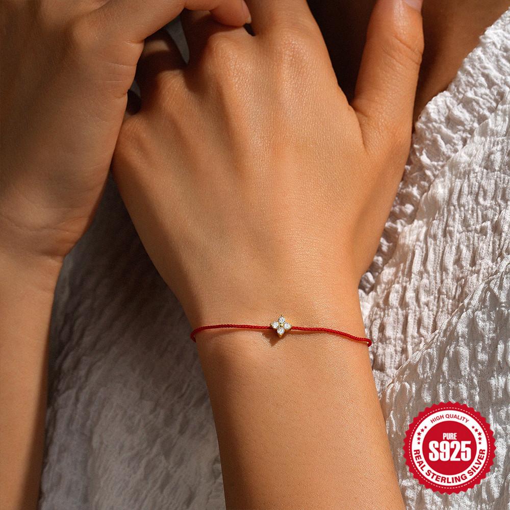 Simple Daily Versatile S925 Sterling Silver Single Diamond Flower Clover Red Rope Ladies Bracelet