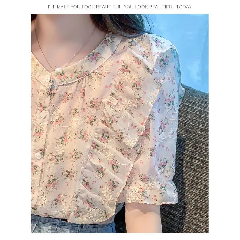 Ruffled floral chiffon blouse for women, summer 2026, sweet and elegant short-sleeved casual top