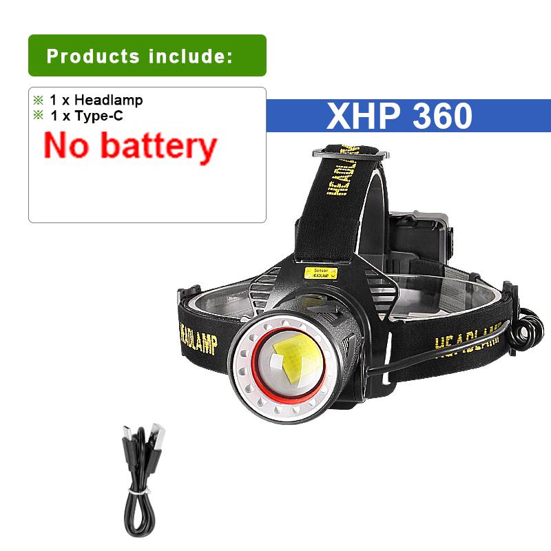 

XHP360 Head Lantern Super Bright LED Headlamp Motion Sensor Work Light Most Powerful Long Range Head Flashlight Outdoor Fishing XHP360-no battery
