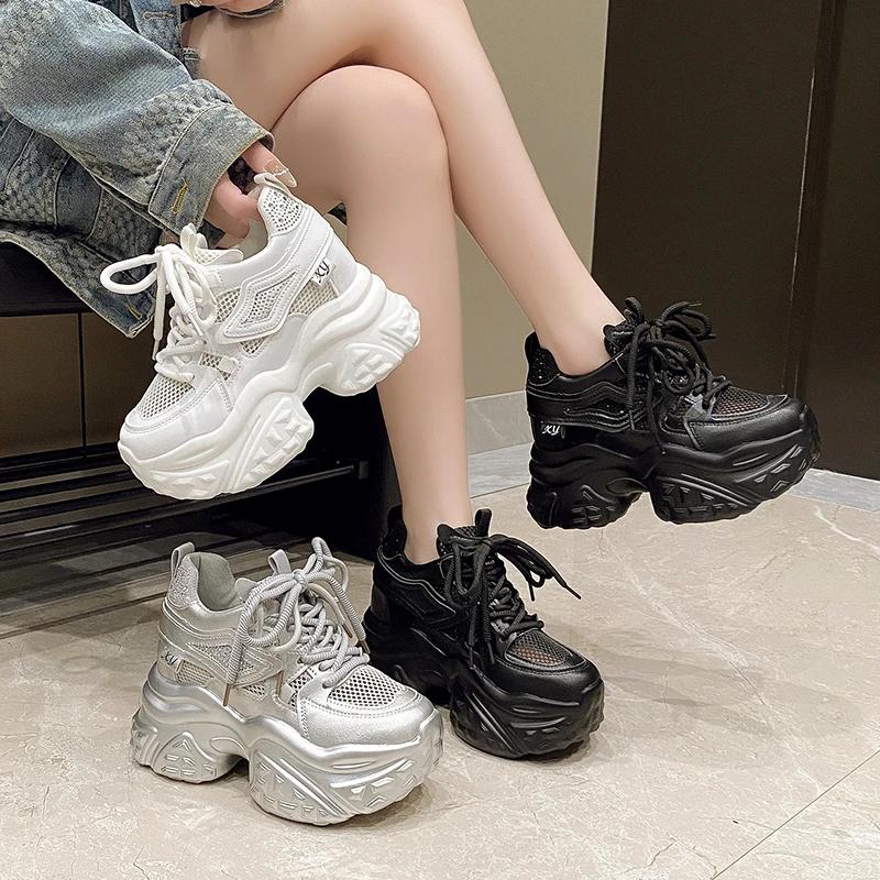 10CM Women Casual Platform Sneakers Mesh High Heels New Summer Sports Leather Shoes Bling Trainers Chunky Sneakers Zapatos Mujer