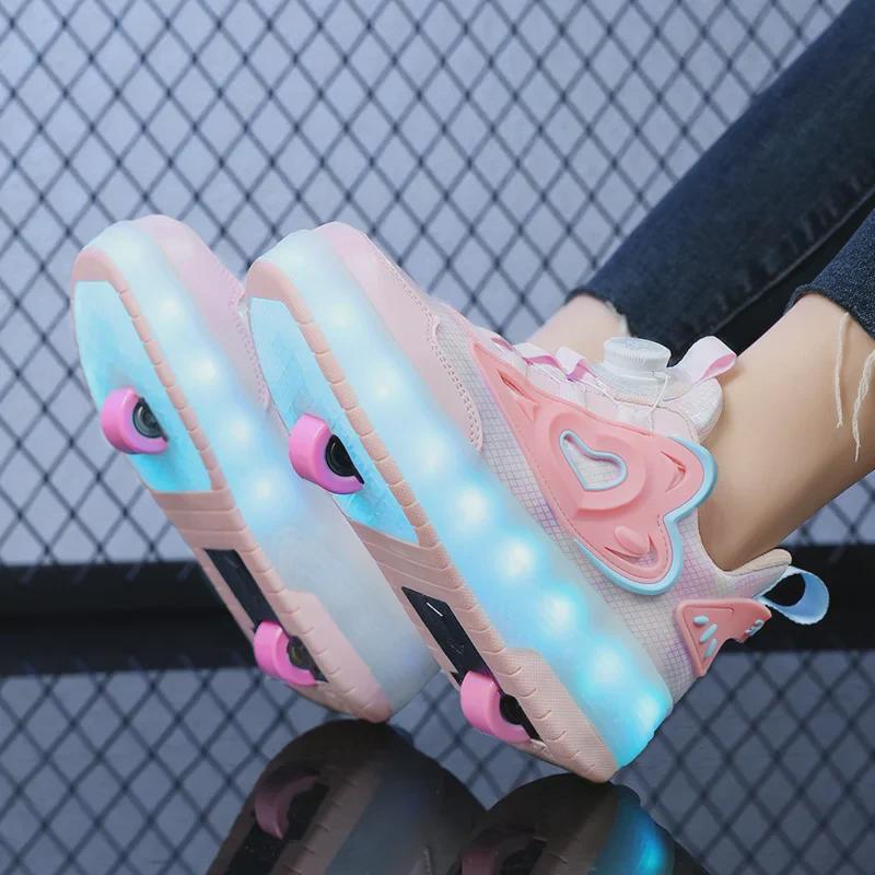Modepattinaskor för flickor: Snygga tvåhjuliga skor med avtagbar blinkande knappskridskor.
