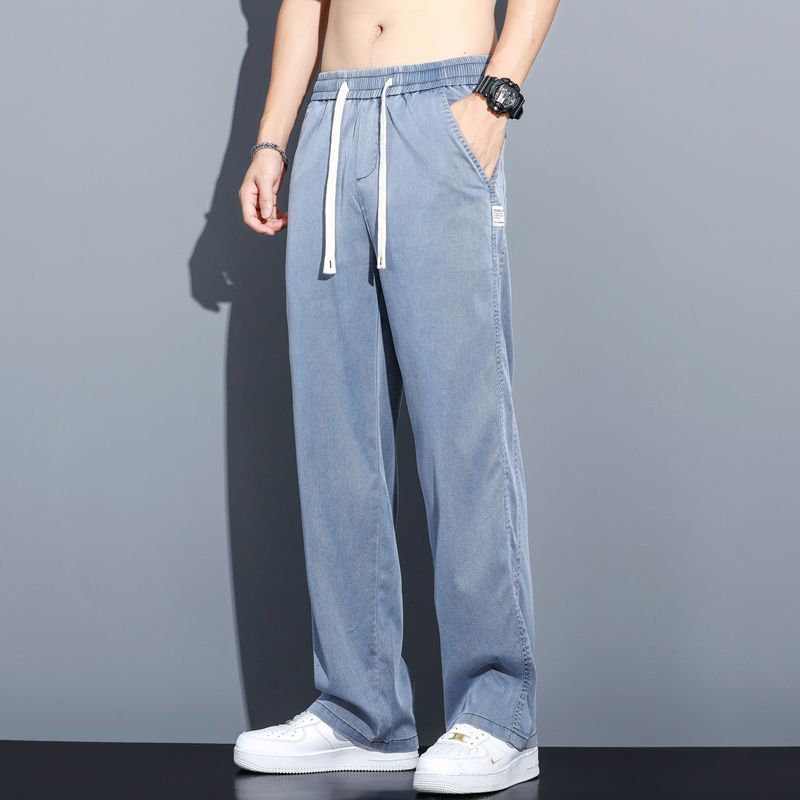 Summer Soft Lyocell Fabric Men's Jeans Thin Loose Straight Pants Drawstring Elastic Waist Korea Casual Trousers Plus Size M-5X